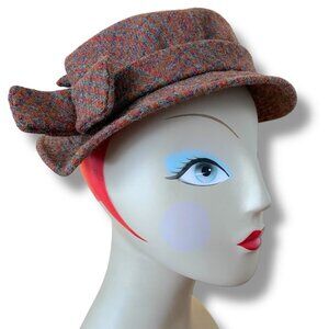 Vintage 1950s Womens Wool Tweed Plaid Dress Hat with Hat Pin Winter Toque